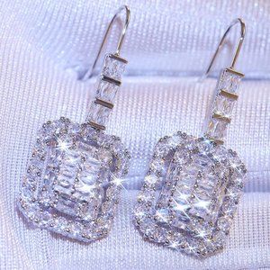 NEW Silver Baguette Round Diamond Drop Earrings 1